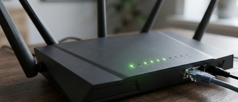 Домашний Wi-Fi роутер с горящими индикаторами на рабочем столе