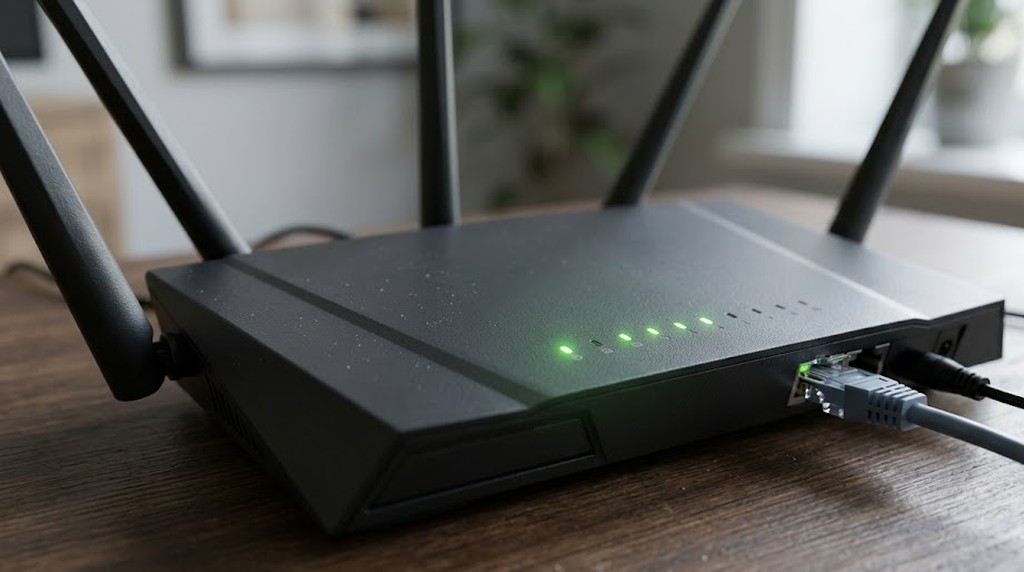 Домашний Wi-Fi роутер с горящими индикаторами на рабочем столе