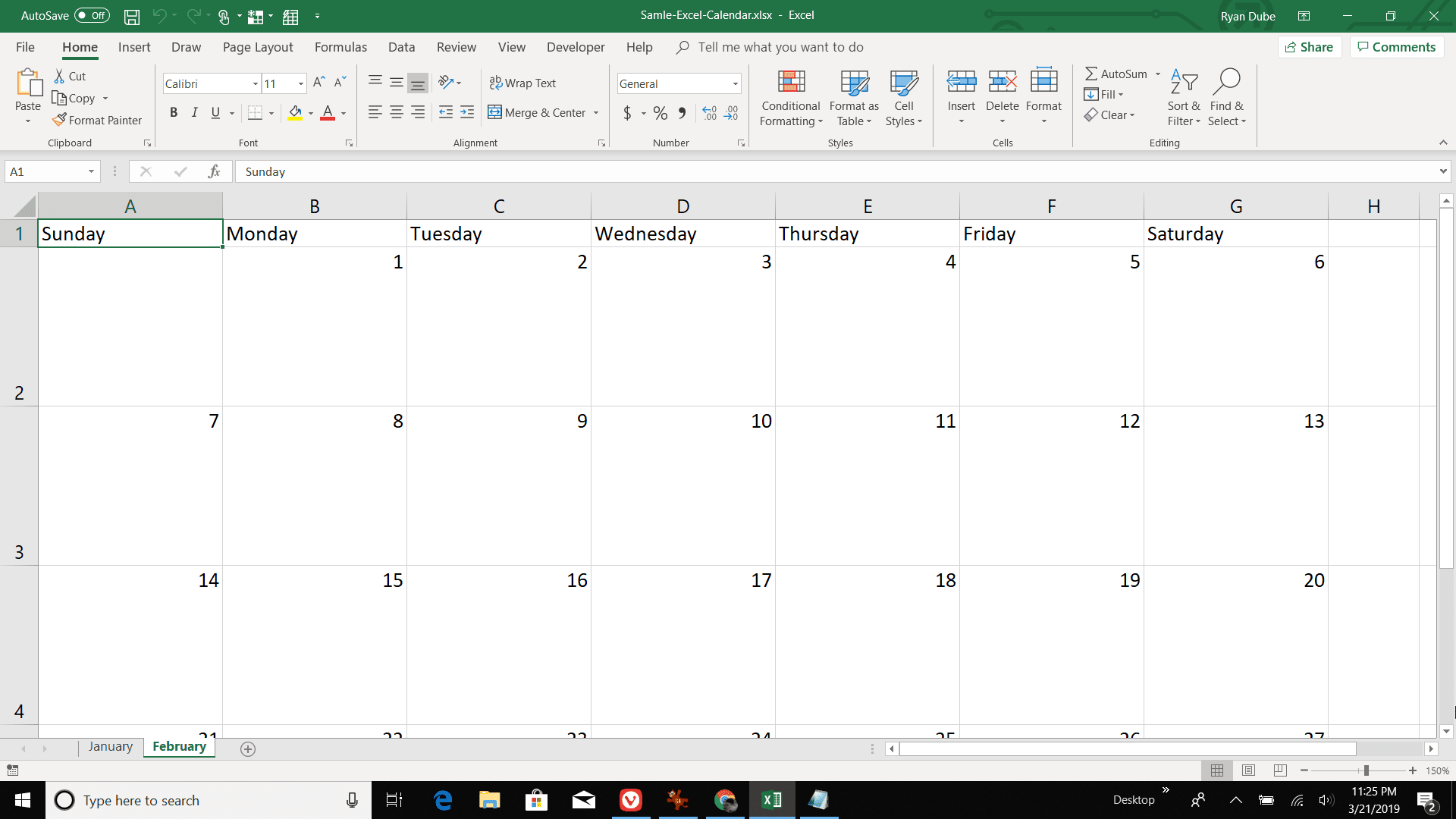 Таблица с календарем в excel